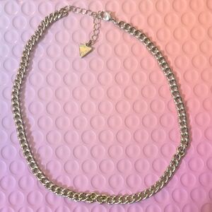 Guess Silver Tone Chunky Curb Chain Necklace | Logo Choker (15")